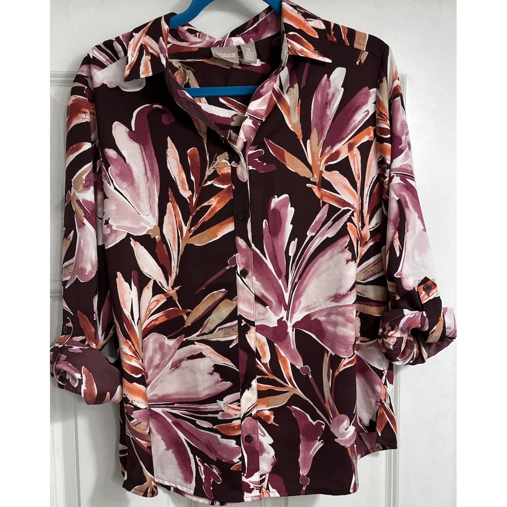 Chicos Button Up Shirt Satin Floral Purple Pink Roll Tab Sleeve Sz Large